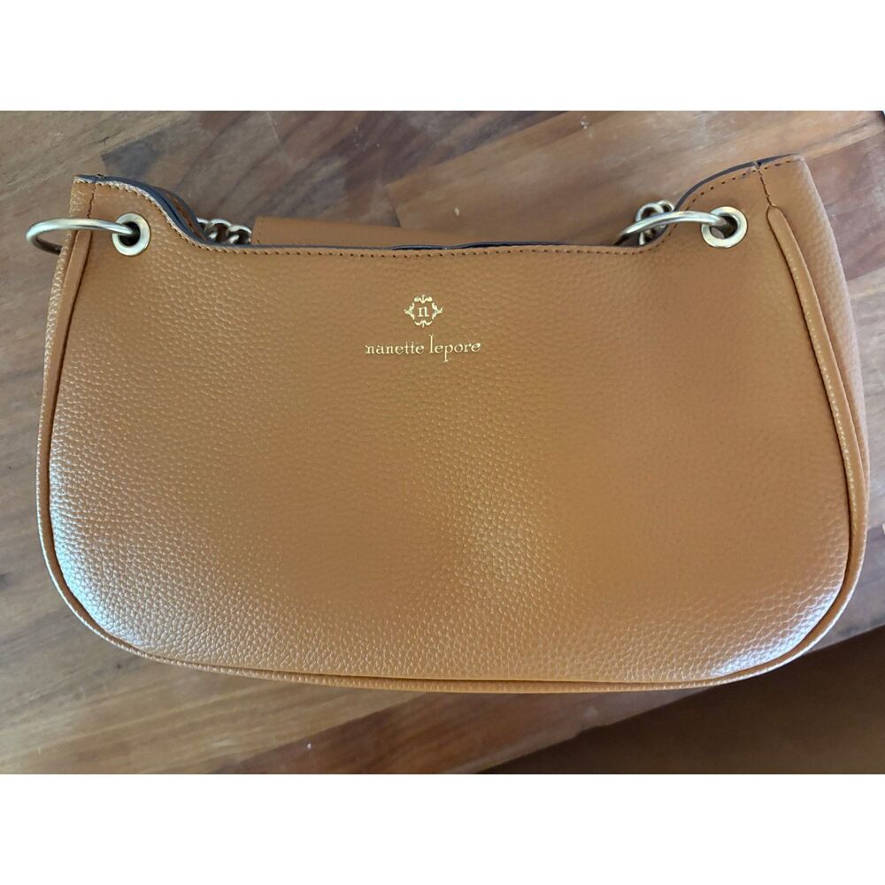 Nanette Lepore Cognac Brown Pebbled Shoulder Bag Gold Chain Purse